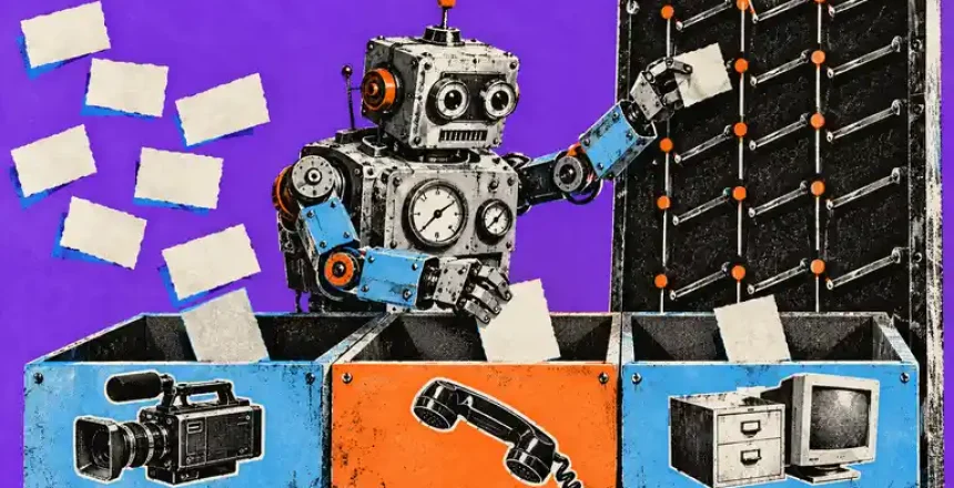 Retro robot sorting blank cards through an analog routing board for B2B marketing agency selection