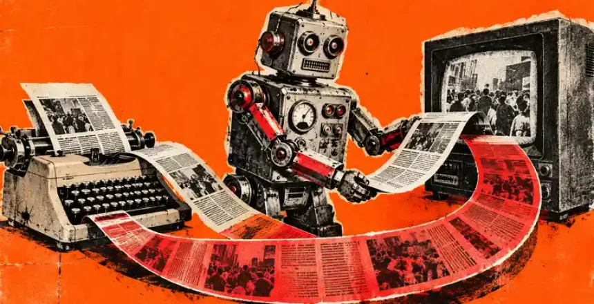 Risograph collage of a retro robot moving a paper article from a typewriter to a CRT monitor in a continuous red loop.