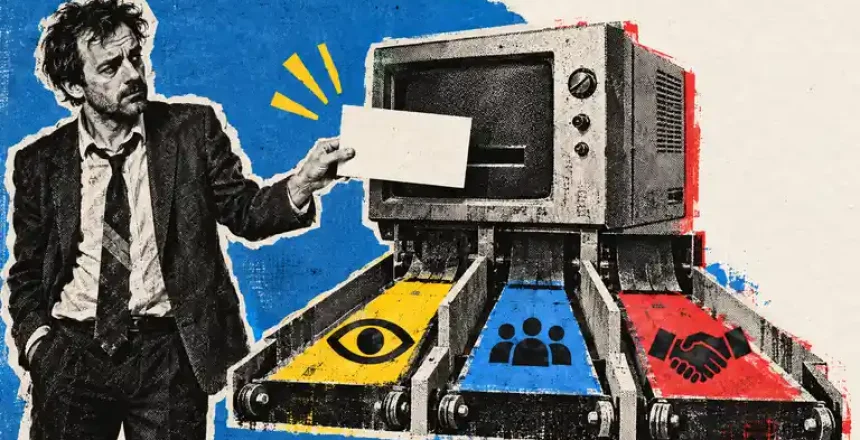 Newspaper-cutout founder sends an ad card through a vintage CRT testing machine with three evidence lanes.