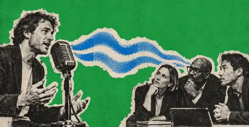 Collage of a founder speaking into a vintage microphone while three buyers listen across a blue paper sound ribbon