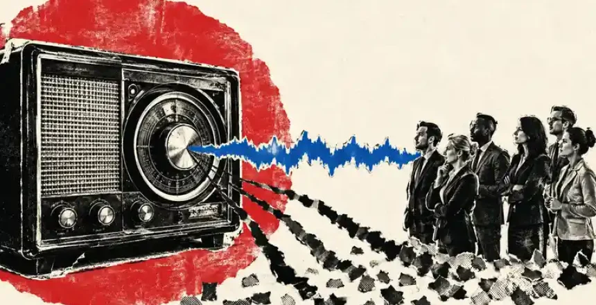 Vintage radio sends one tuned blue signal toward a group of business people while missed signals fall away