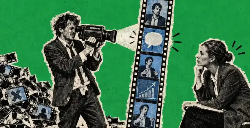 Newspaper-cutout founder films a vertical video toward a listening business buyer while unused clips pile up beside him.