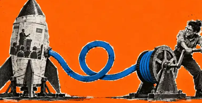 Risograph collage of a grounded paper rocket tethered by a looping blue cable to a B2B operator turning an analog crank.
