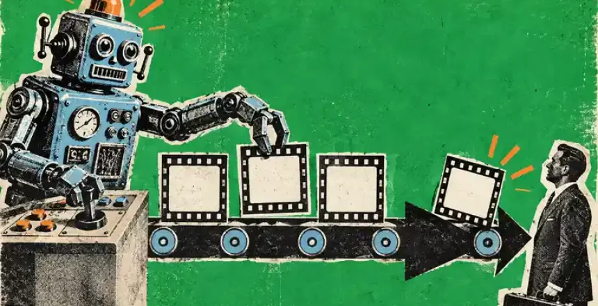 Risograph collage of a retro robot sorting blank film frames on a conveyor toward a business buyer.