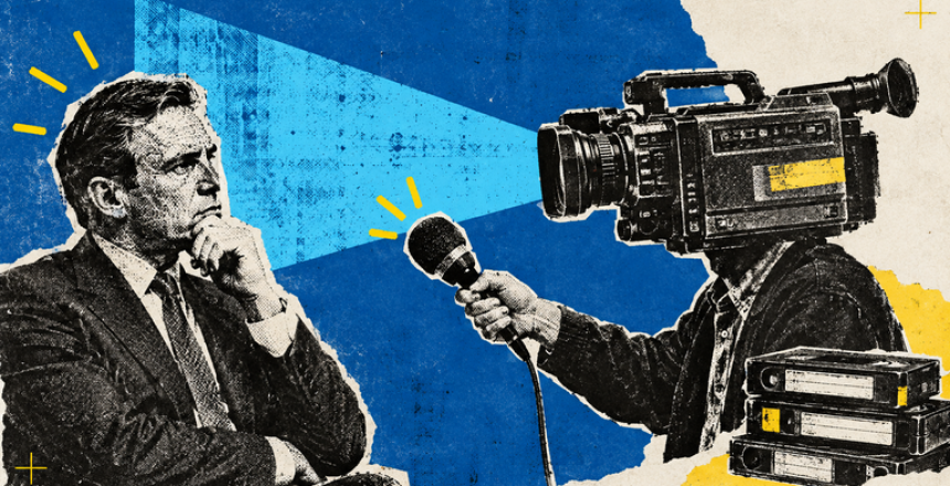 Newspaper-cutout B2B buyer faces a vintage VHS camera and founder microphone, showing how a useful point of view earns recognition before a sales conversation.