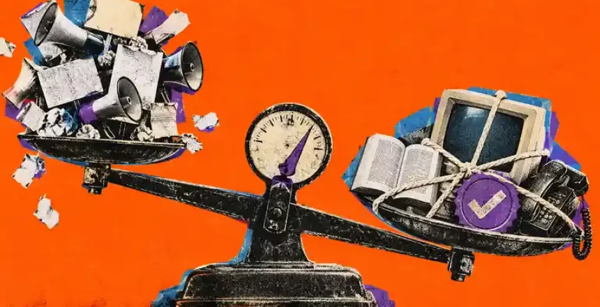 Vintage balance scale weighing a connected book, CRT, telephone, and proof seal against scattered megaphones and placards
