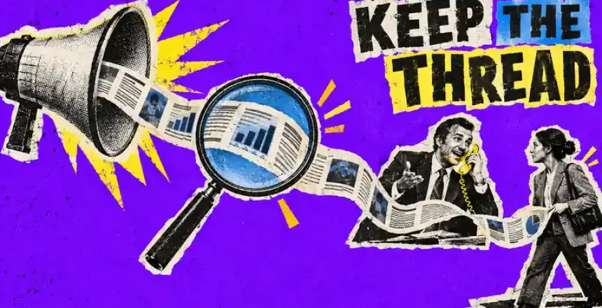 Risograph collage of a megaphone sending one paper ribbon through a magnifying glass to a salesperson on a corded telephone and a B2B buyer.