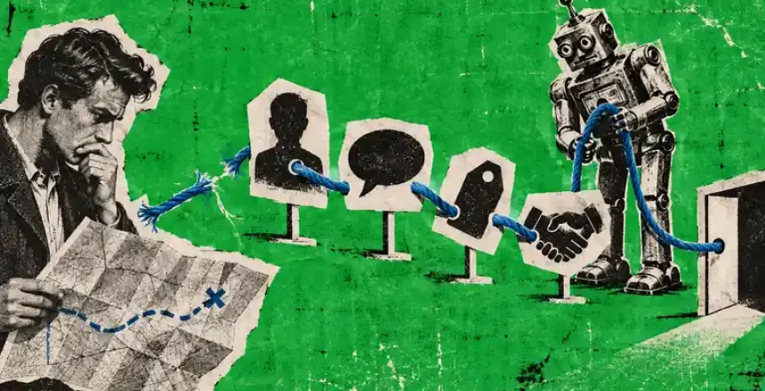 A newspaper-cutout founder and retro robot route a blue thread through buyer, message, price, and proof toward an open door.