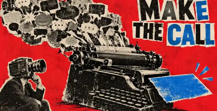 Cut-paper risograph collage of a camera-headed founder watching a manual typewriter turn many speech bubbles into one blue decision card beneath the words MAKE THE CALL.