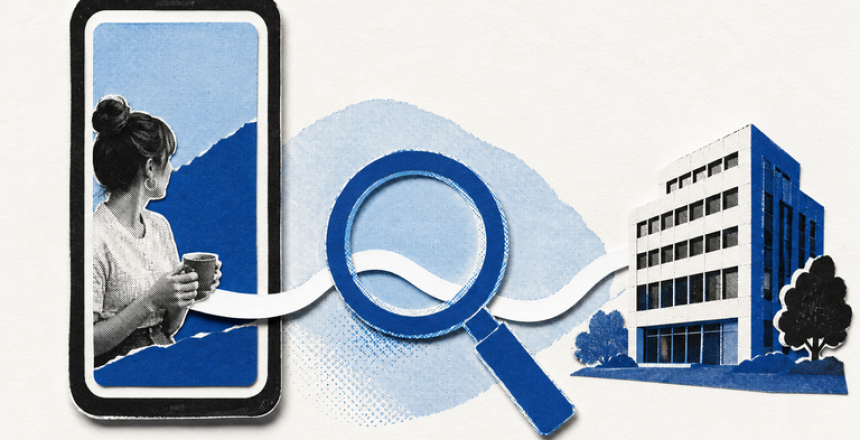 Blue risograph collage of a video viewer, magnifying glass, and office building connected by a path